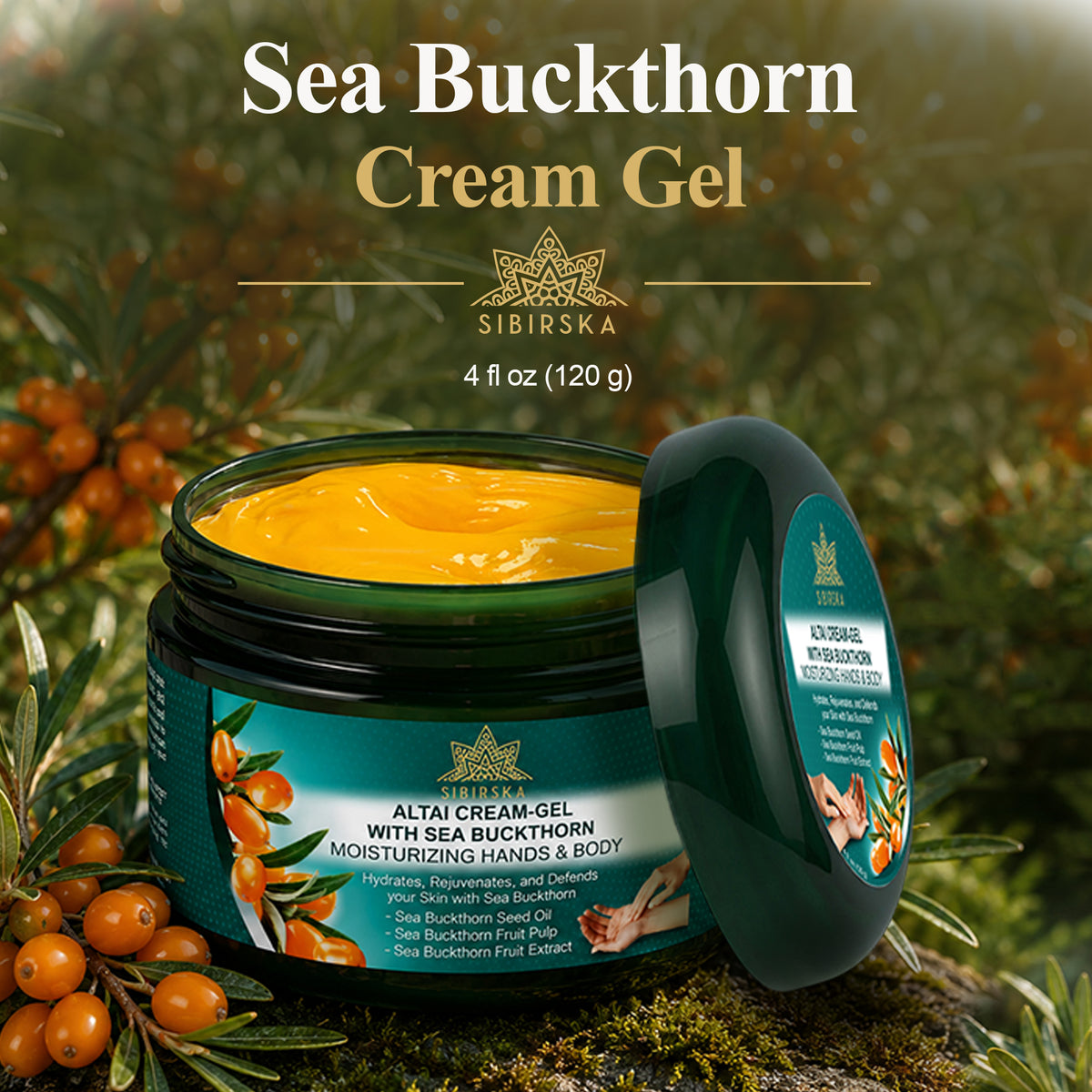 Sibirska Altai Crema-gel all'olivello spinoso 120 g – Crema idratante per mani e corpo con raro Omega 7 per pelli secche