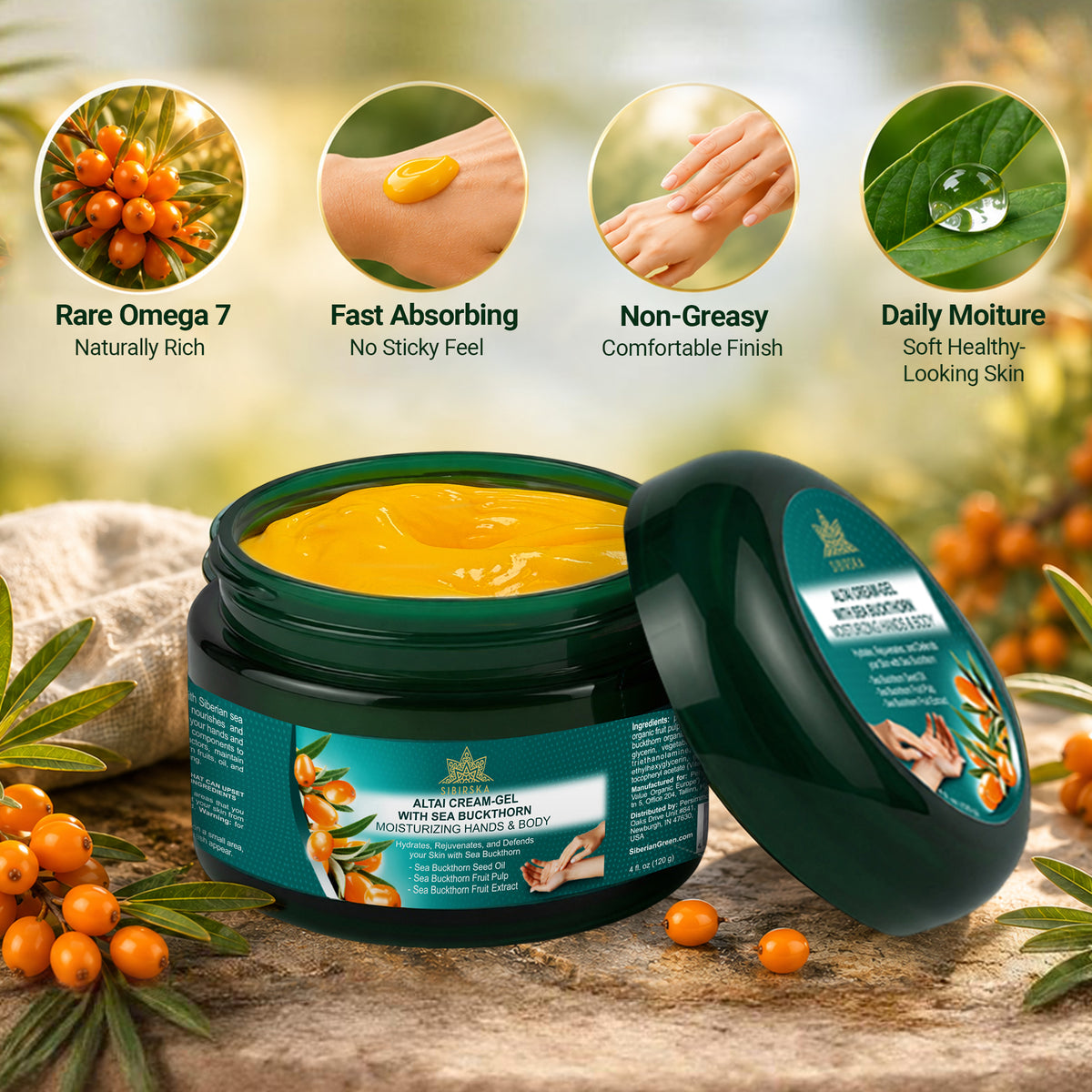 Sibirska Altai Crema-gel all'olivello spinoso 120 g – Crema idratante per mani e corpo con raro Omega 7 per pelli secche