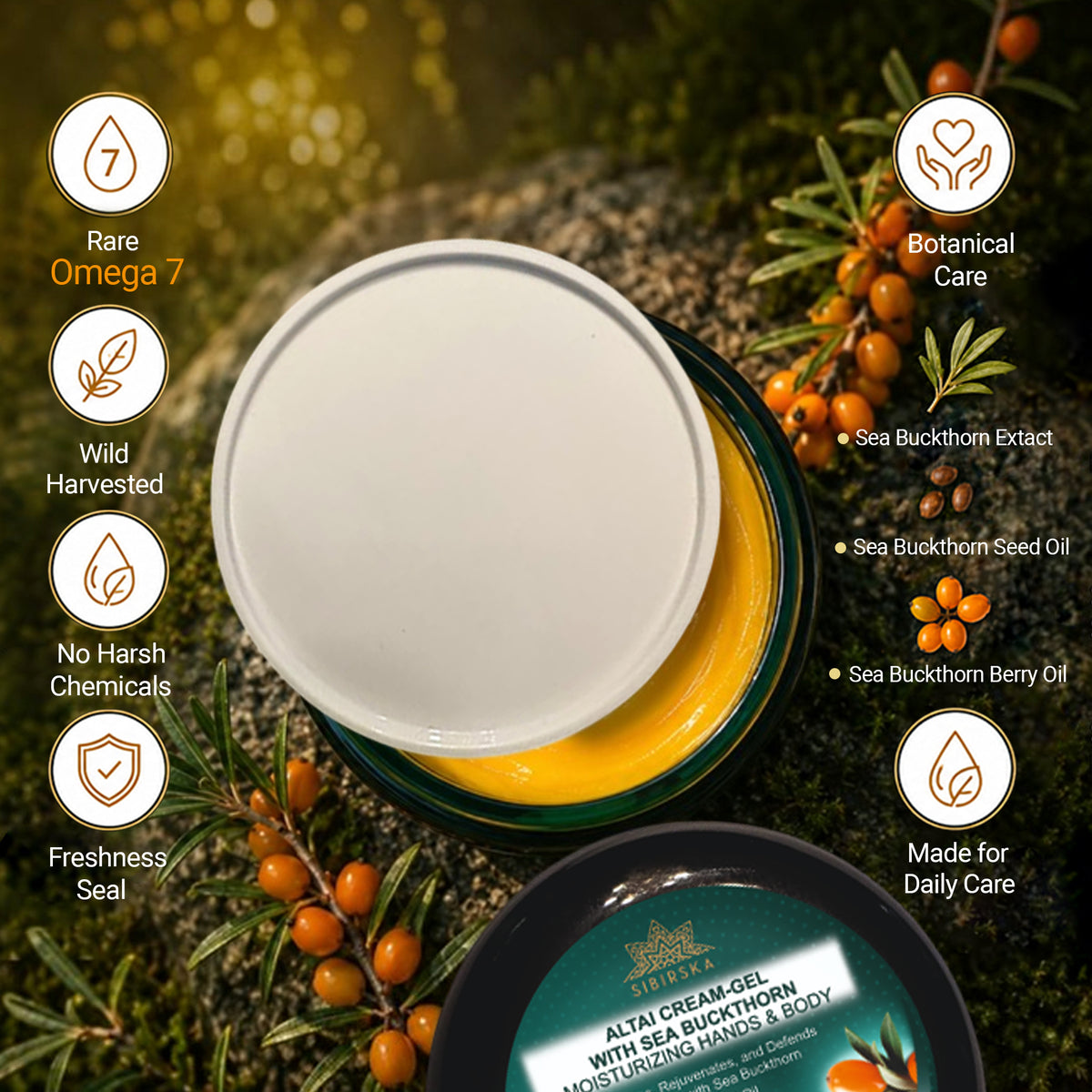Sibirska Altai Crema-gel all'olivello spinoso 120 g – Crema idratante per mani e corpo con raro Omega 7 per pelli secche
