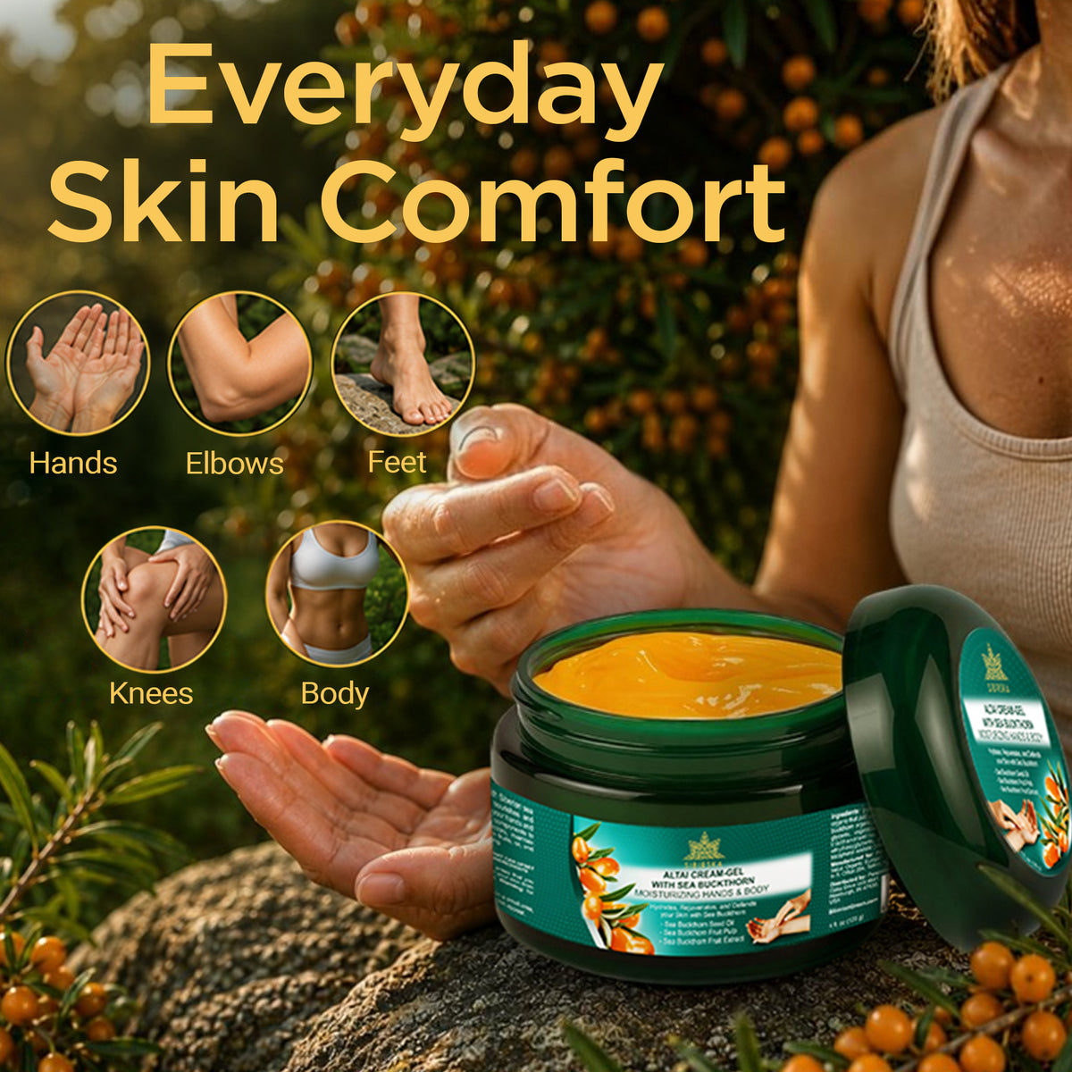 Sibirska Altai Crema-gel all'olivello spinoso 120 g – Crema idratante per mani e corpo con raro Omega 7 per pelli secche