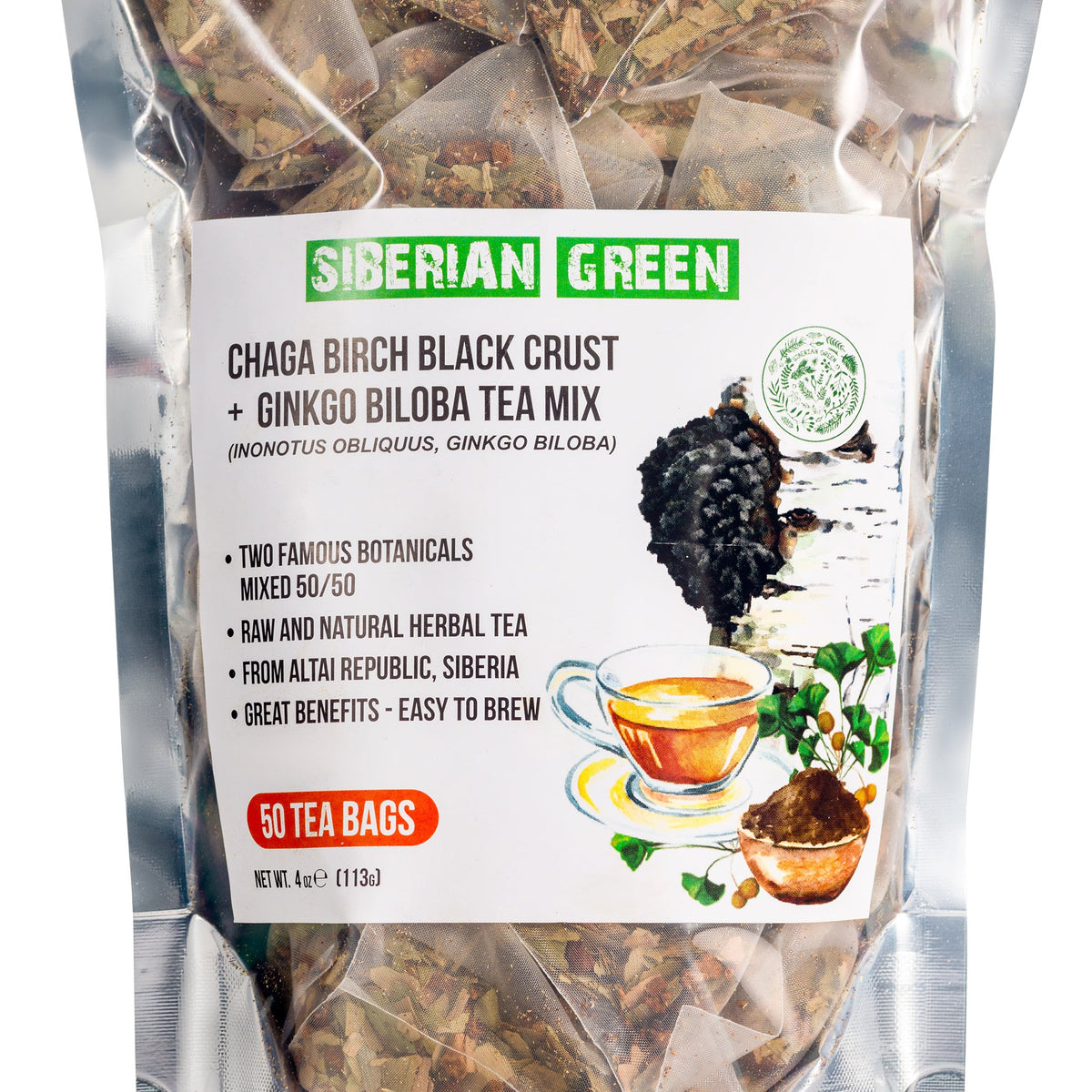 Close-up of Ginkgo Biloba and Chaga tea bags