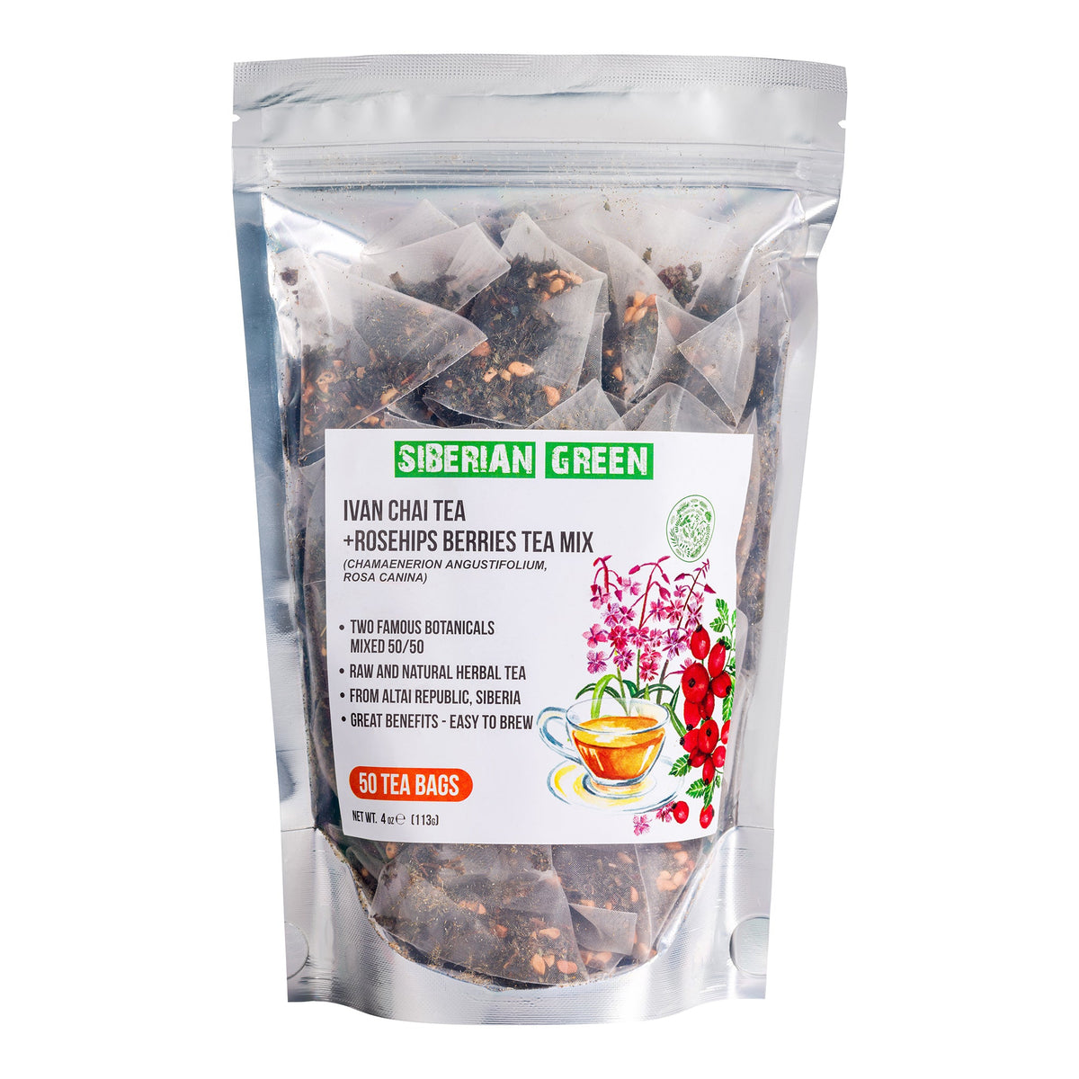 Wild-harvested Ivan Chai leaves and rosehip berries