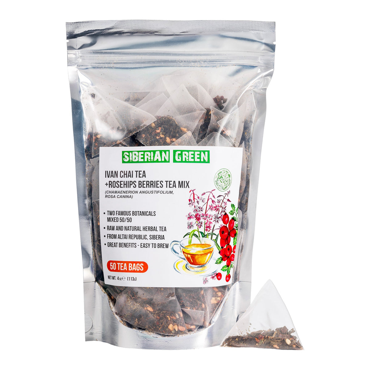 Tea bags of Siberian Green Ivan Chai with Rosehip