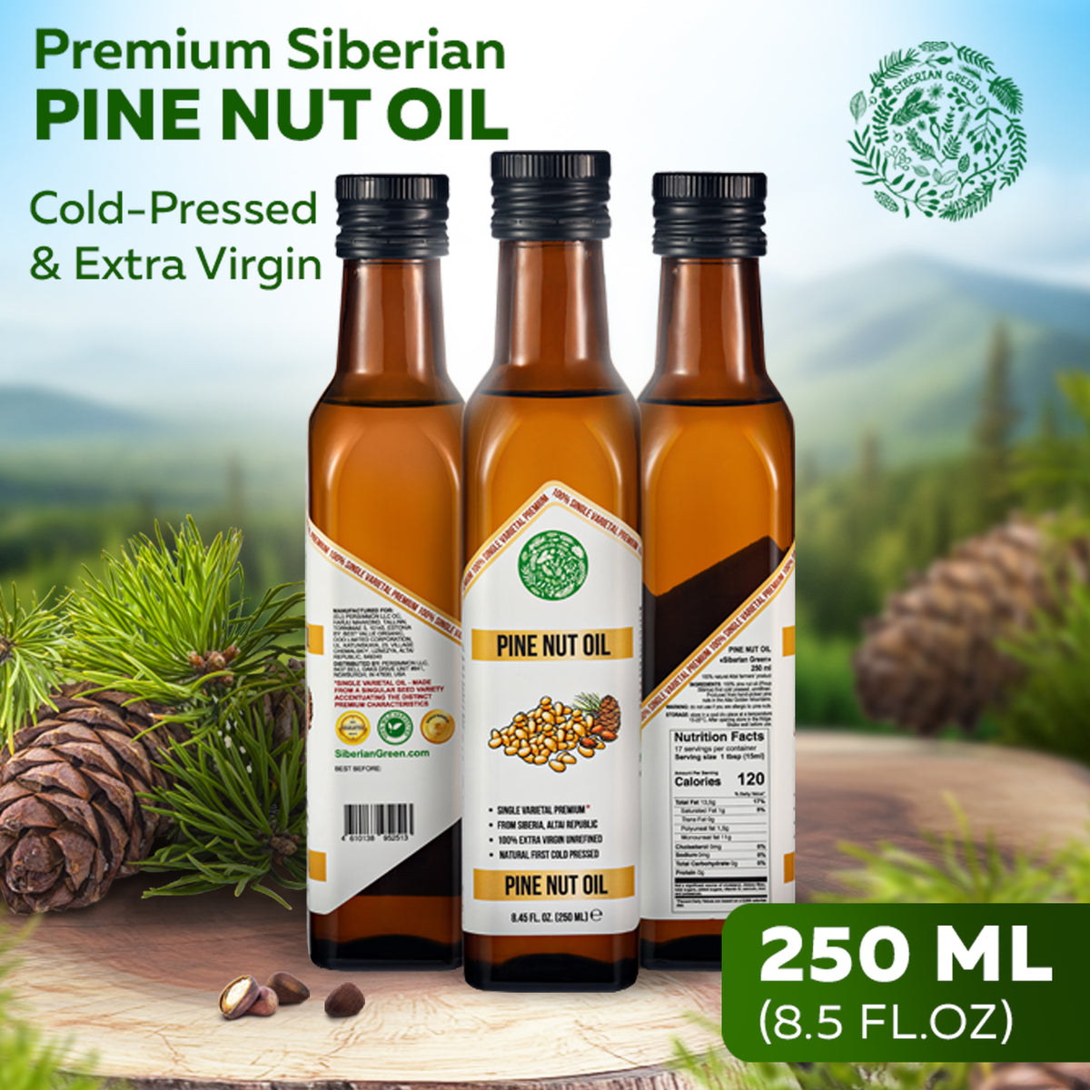 Siberian Green Organic Pine Nut Oil - Pressée à froid - Bouteille en verre de 250ml