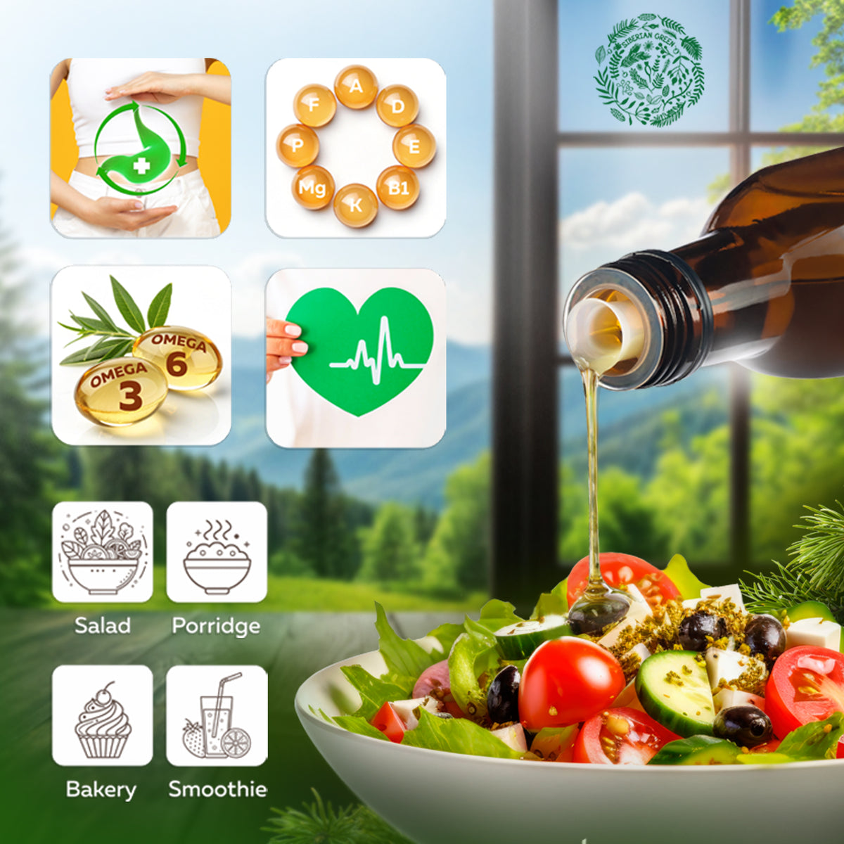 Siberian Green Organic Pine Nut Oil - Pressée à froid - Bouteille en verre de 250ml