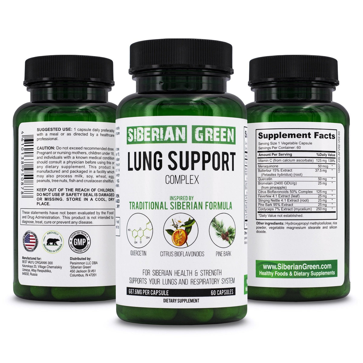 Herbal Lung Support Siberian Green 60 Caps - Bioflavonoides Quercetina Corteza de Pino