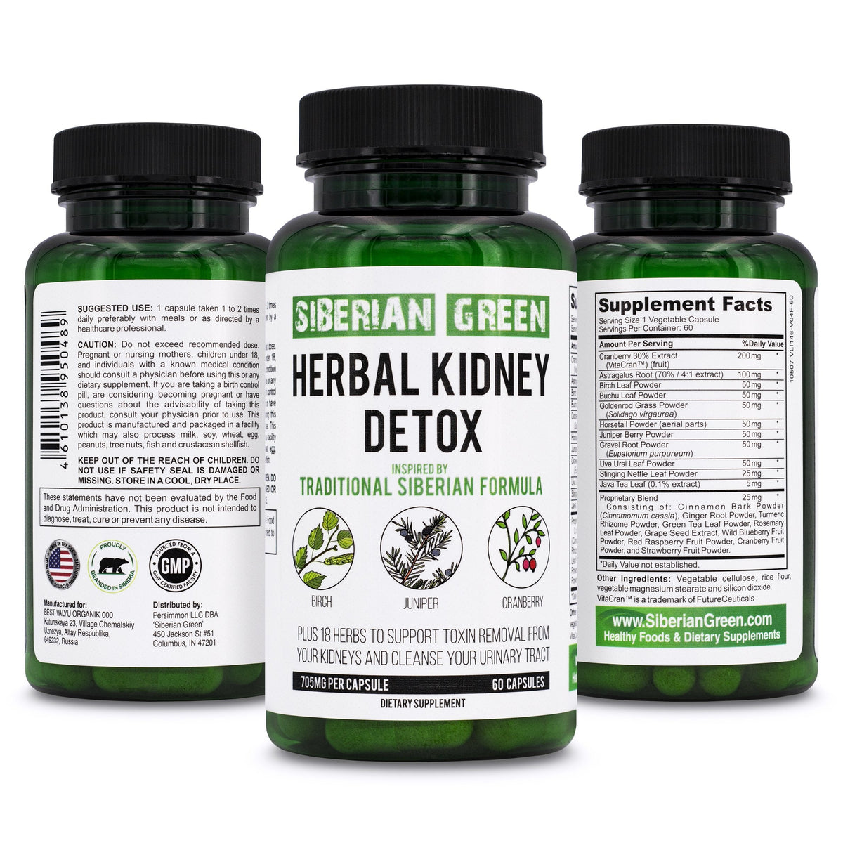 Herbal Kidney Detox Siberian Green 60 Caps - Canneberge Bouleau Genévrier