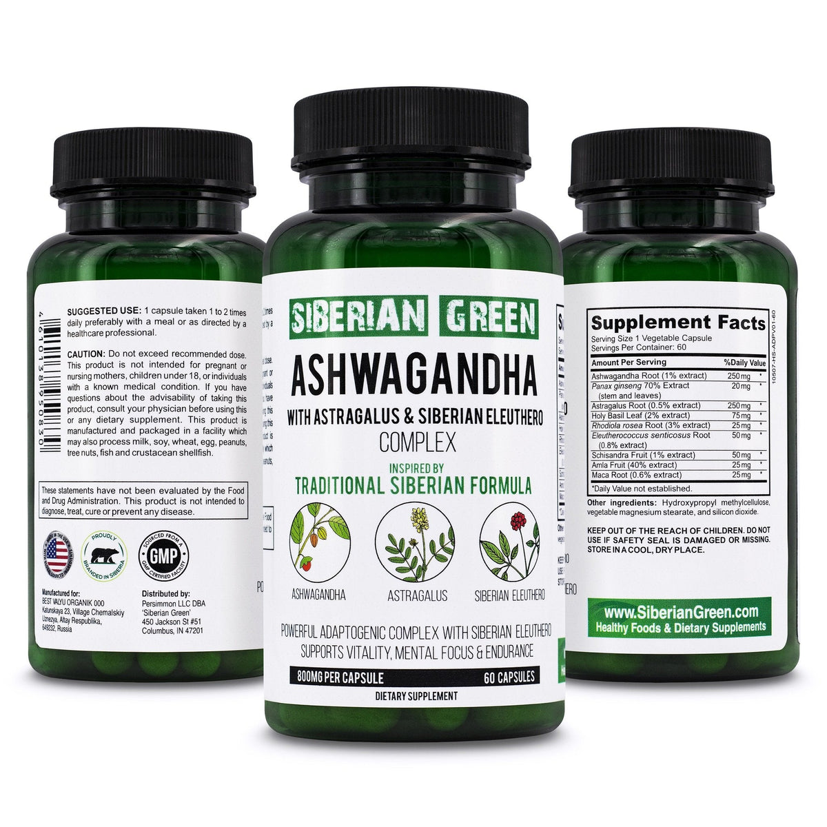 Complesso organico di ashwagandha, radice di astragalo e ginseng siberiano Eleuthero 60 Cap.