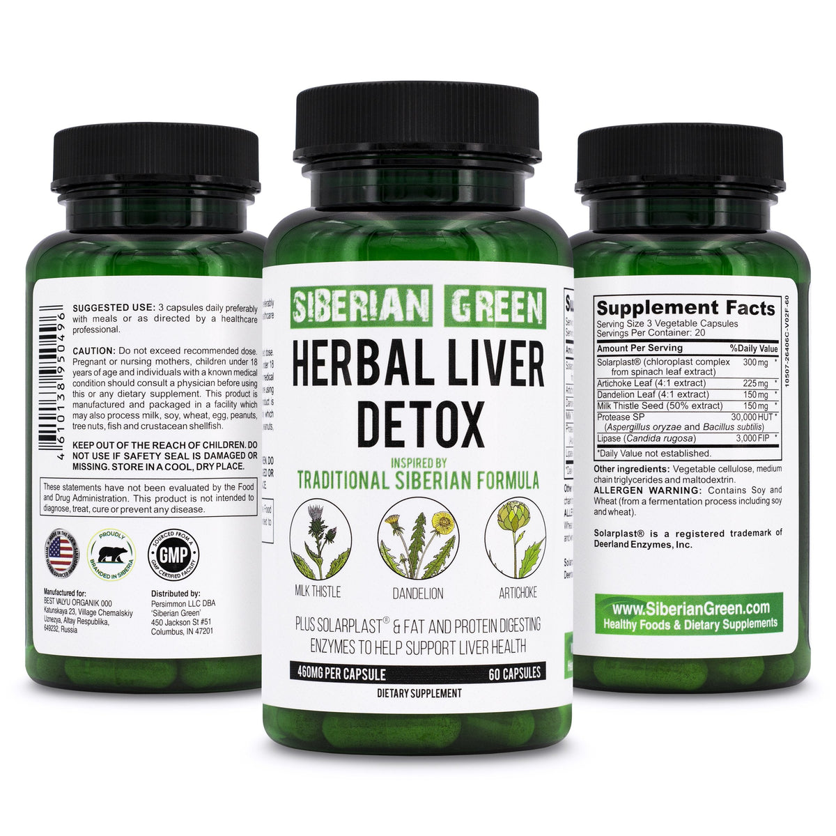 Herbal Liver Detox Siberian Green 60 Caps - Cardo mariano Alcachofa Diente de león