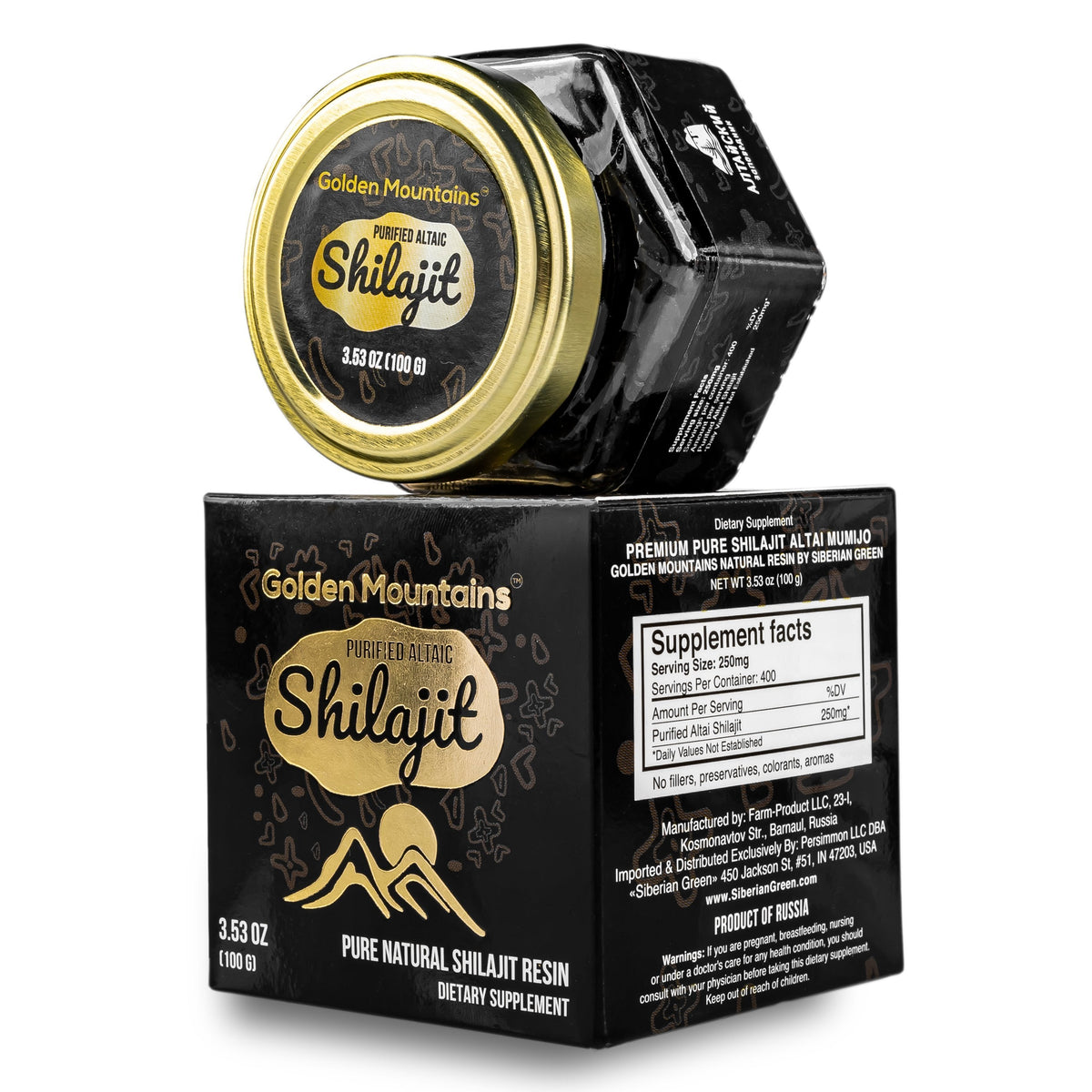 Golden Mountains Shilajit Harz Premium Pure Authentic Siberian Altai 100g - Messlöffel - Exklusives Qualitätszertifikat